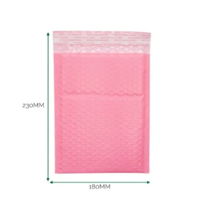 Rosa bubbelkuvert i polyeten med måtten 180x230 mm och självhäftande flik