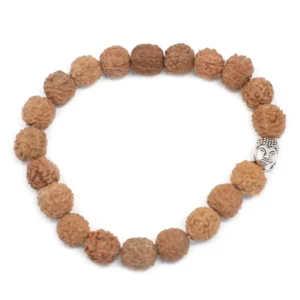 Rudraksha-armband med naturliga träpärlor och metallhänge föreställande Buddah