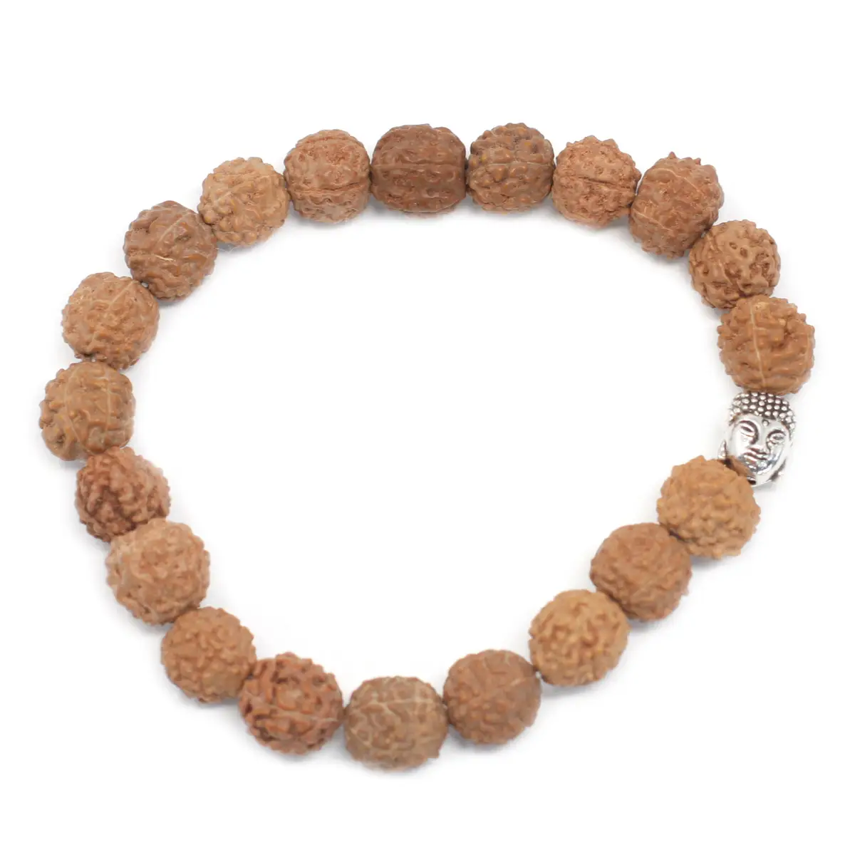 Rudraksha-armband med naturliga träpärlor och metallhänge föreställande Buddah