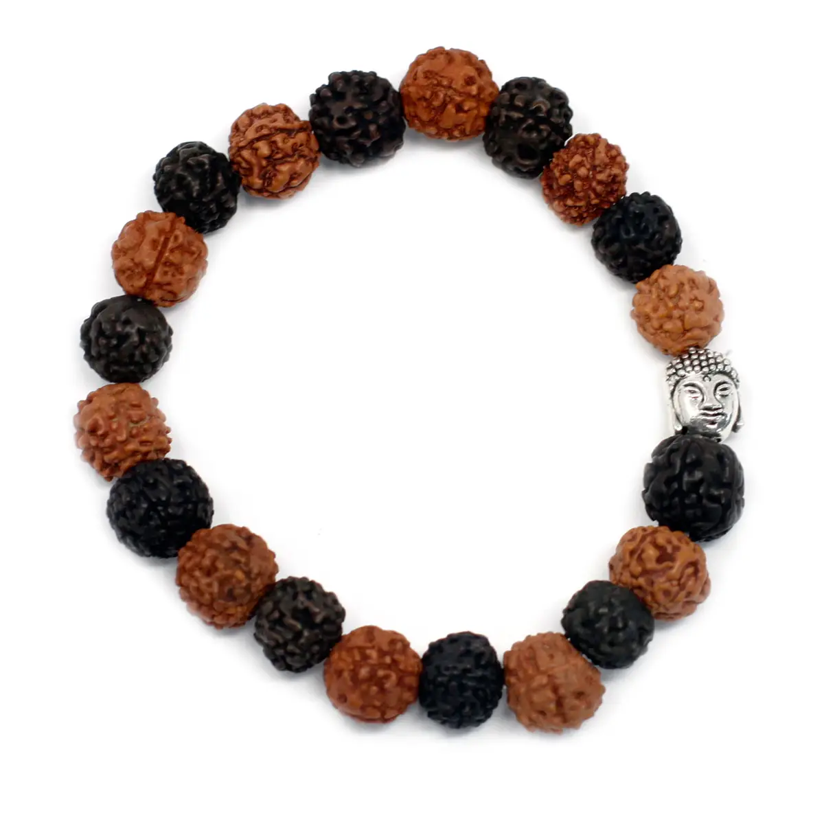 Rudraksha-armband med bruna och svarta kulor samt Buddha-hänge i metall