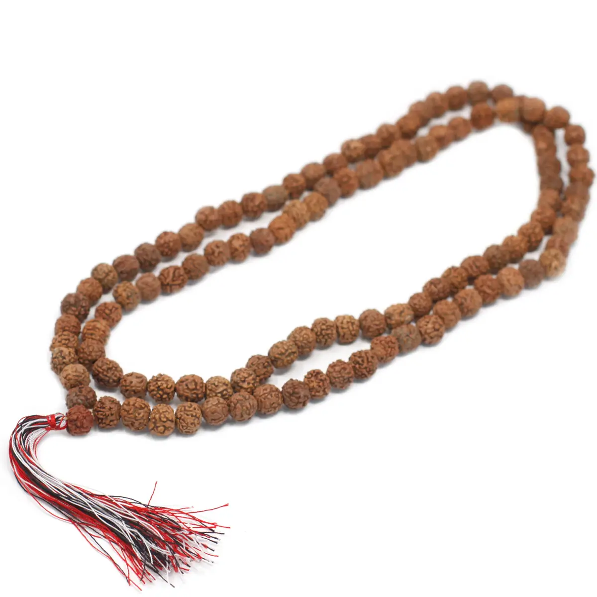Rudraksha-mala med 108 pärlor av naturligt trä och flerfärgad tofs
