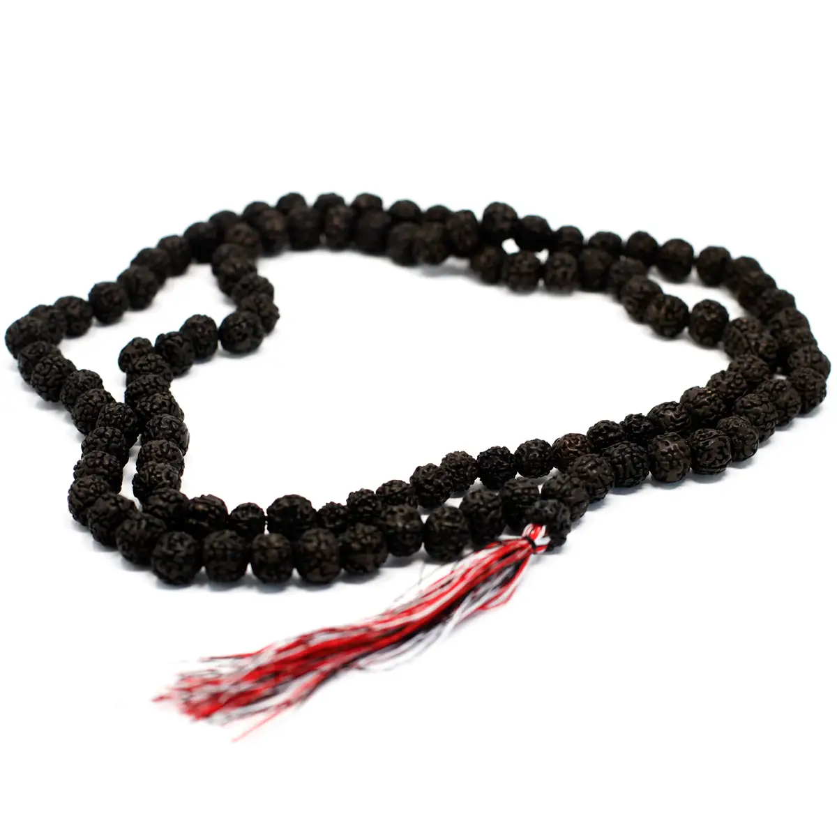 Mörk rudraksha mala med 108 pärlor och tofs i rött, vitt och svart