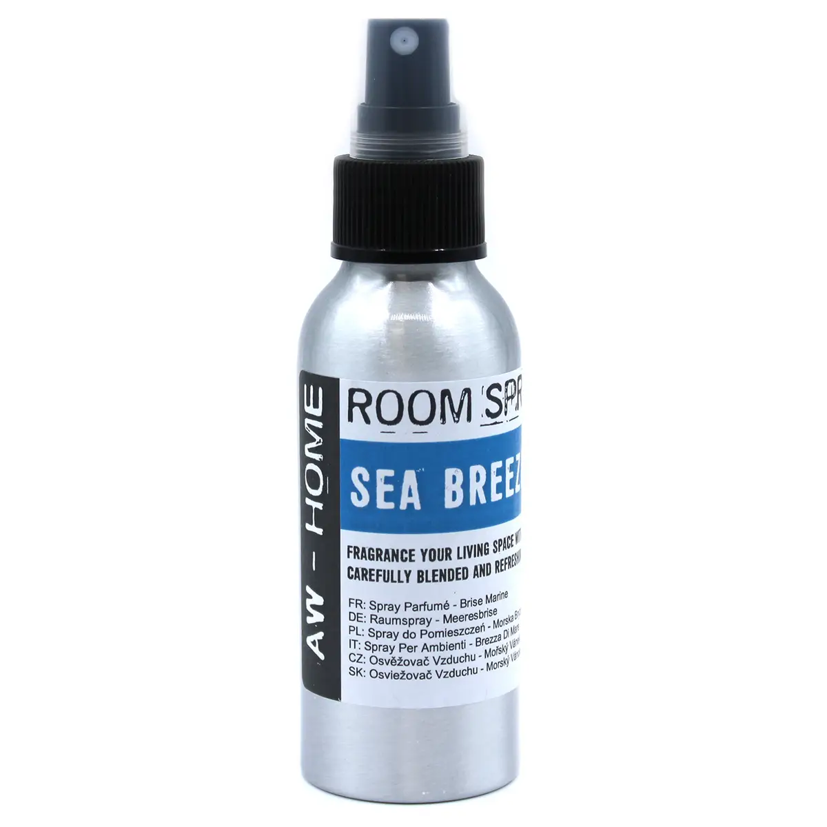 Aluminiumflaska med rumsspray Sea Breeze och svart spraymunstycke