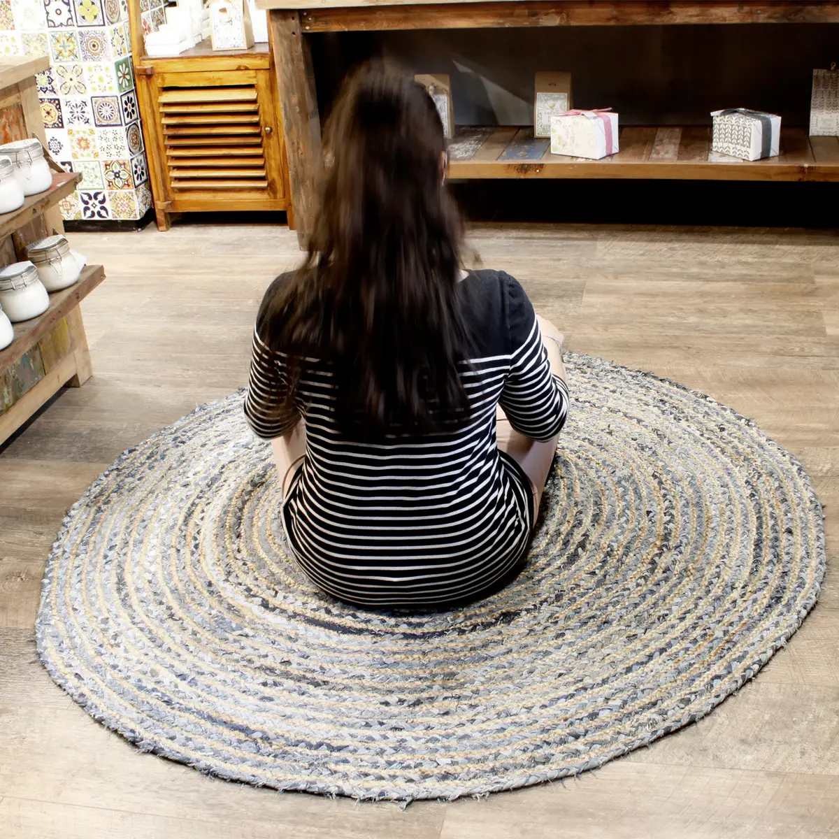 Rund matta i jute och återvunnen denim, 150 cm - produktbild 2