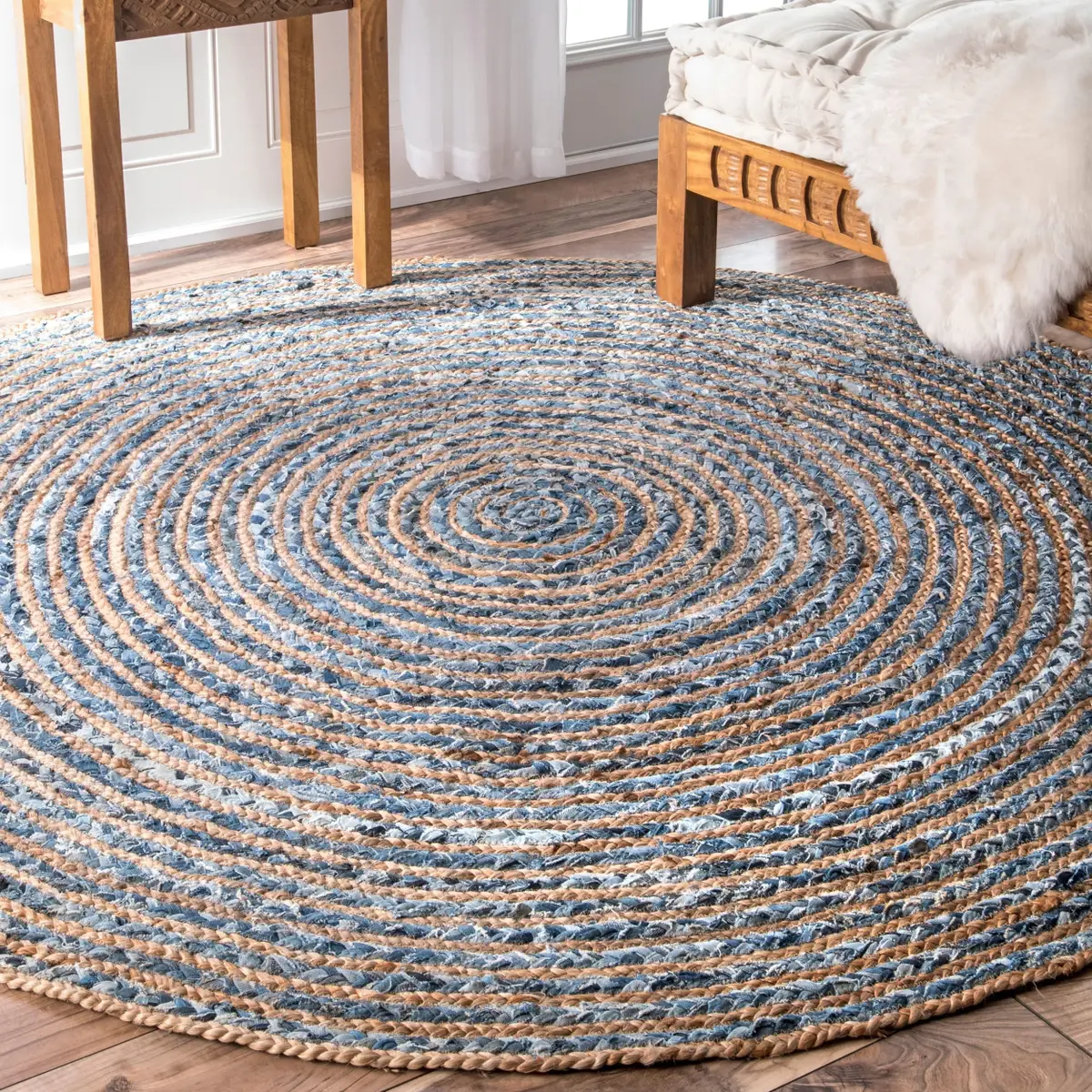 Rund matta i jute och återvunnen denim, 150 cm - produktbild 5