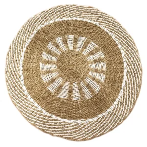 Rund matta i sjögräs med vit och beige mönster, 1 meter i diameter