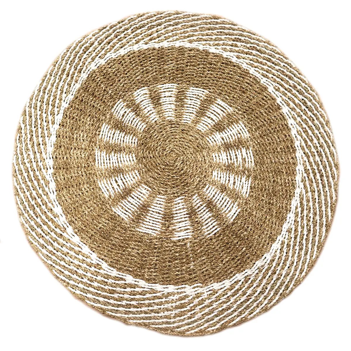 Rund matta i sjögräs med vit och beige mönster, 1 meter i diameter