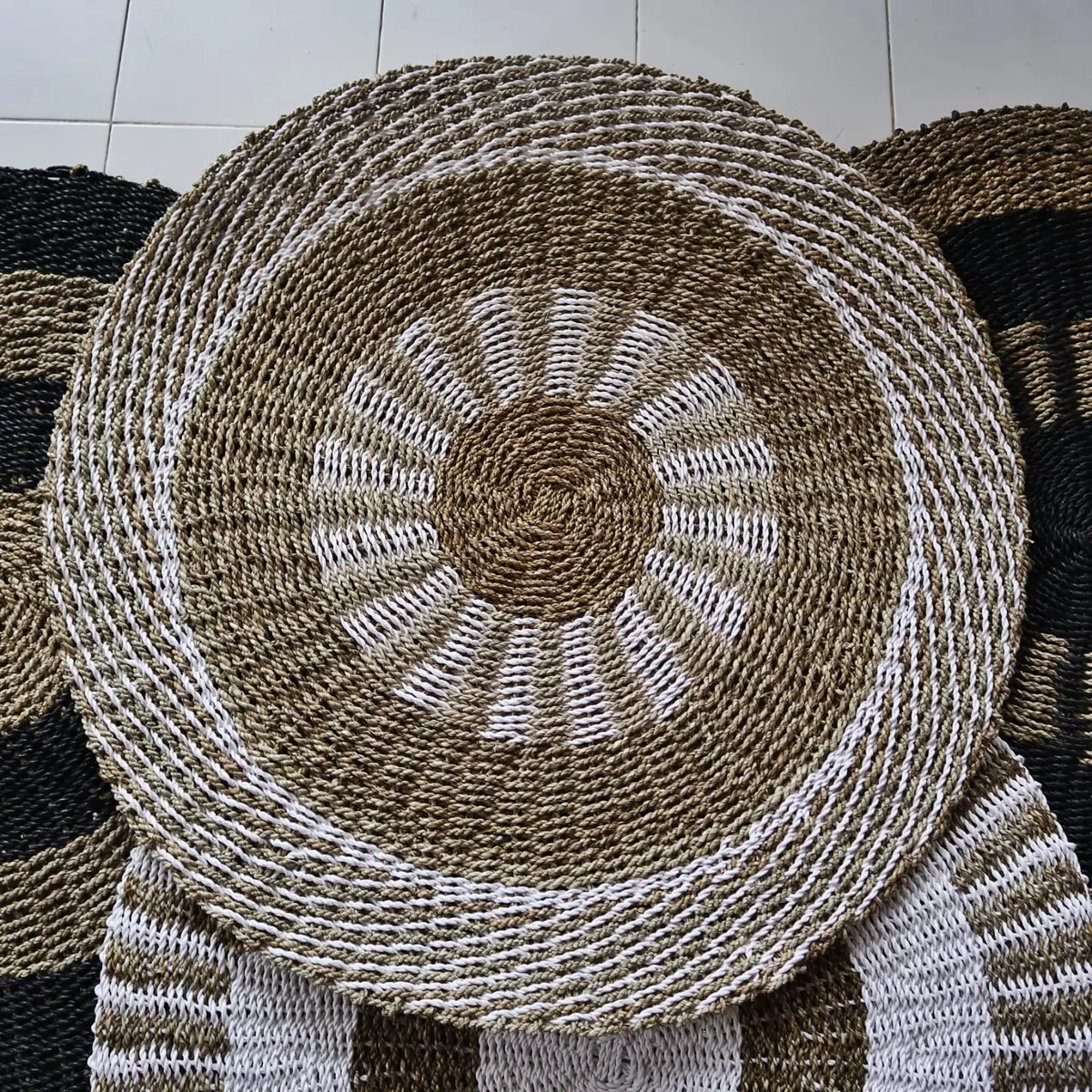 Rund matta i sjögräs vit och beige 1 meter - produktbild 3