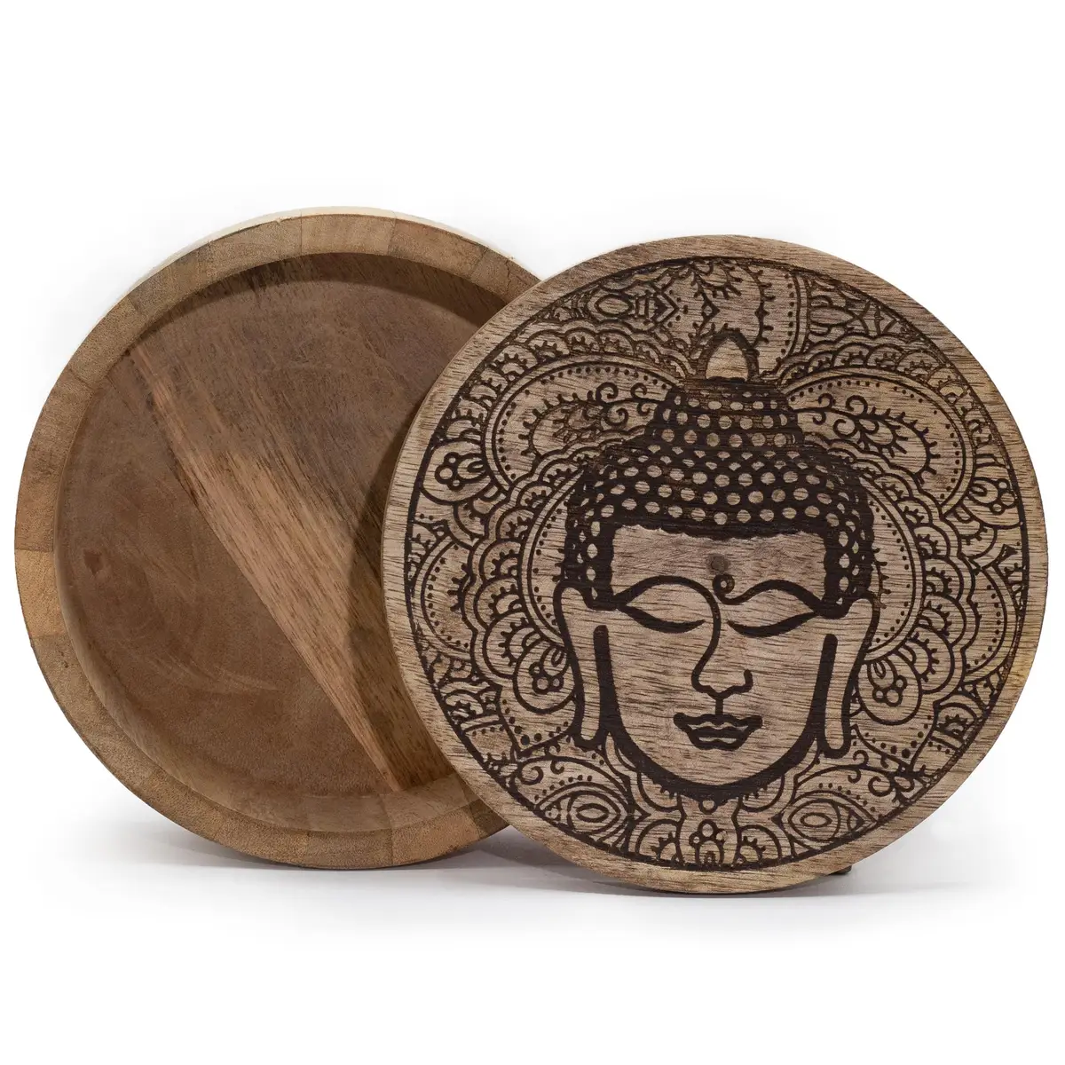 Rund träask med ingraverat Buddha-ansikte på locket