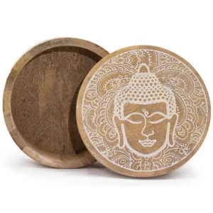 Rund träask med vitt Buddha-ansikte på locket