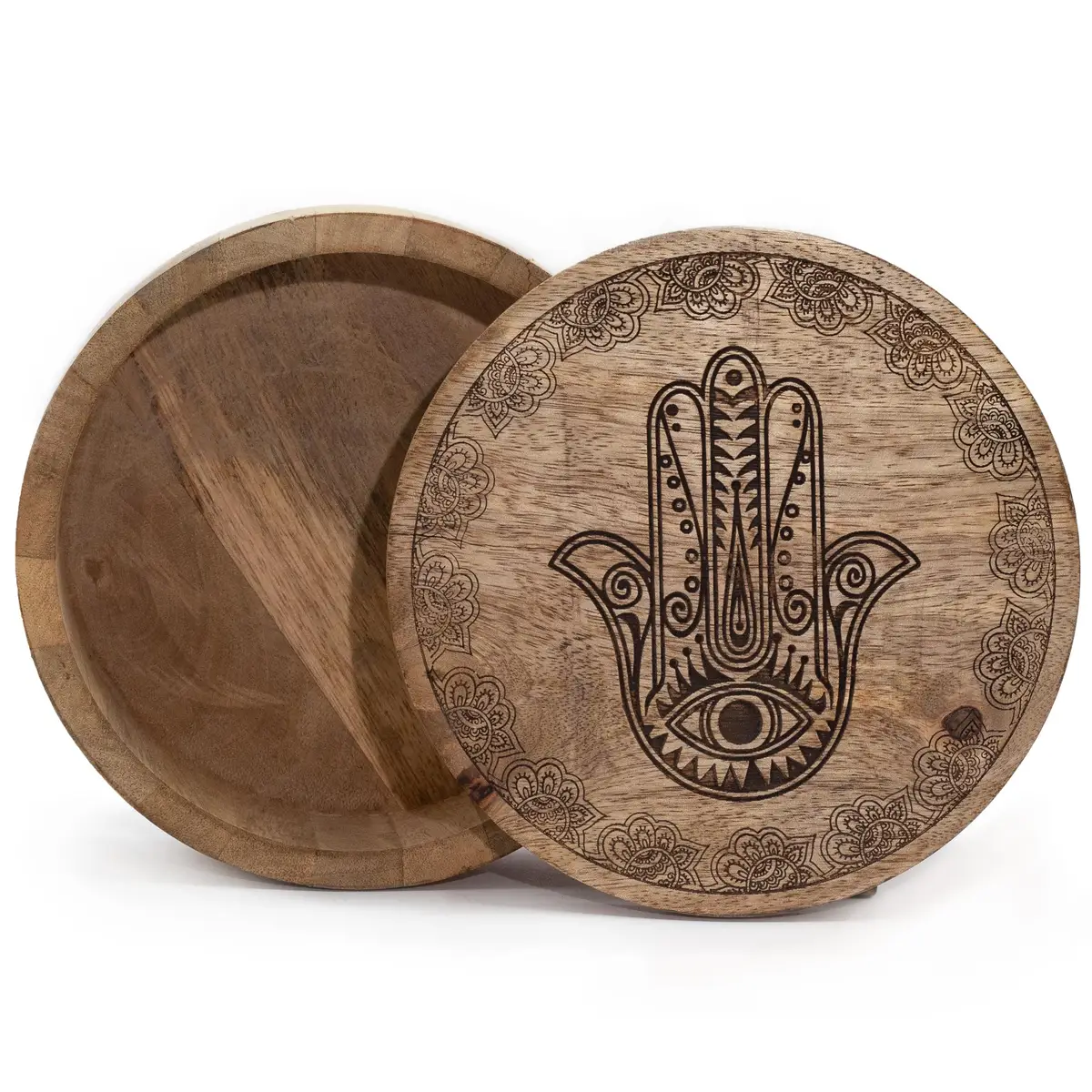 Rund träask med ingraverat Hamsa-motiv på locket