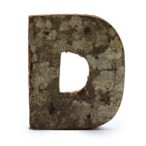 Rustik bokstav D tillverkad av naturlig bark med textur och färgvariationer