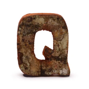 Rustik bokstav Q tillverkad av naturlig bark med textur och färgvariation