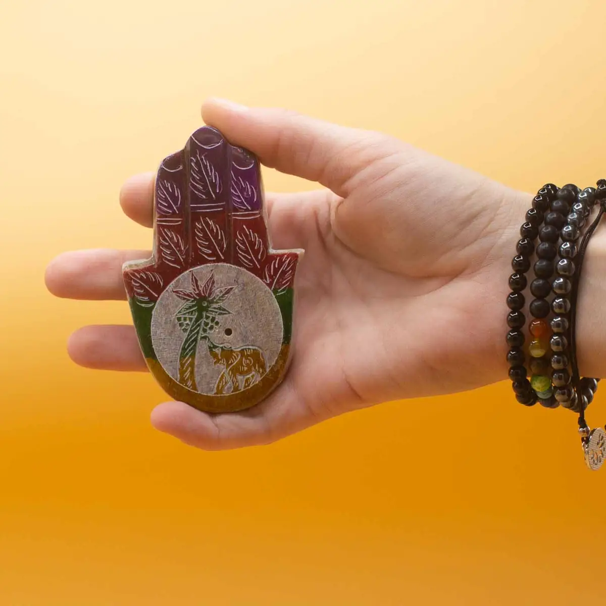 Såpstensrökelsehållare Hamsa 9x6 cm med elefant och palm - produktbild 2