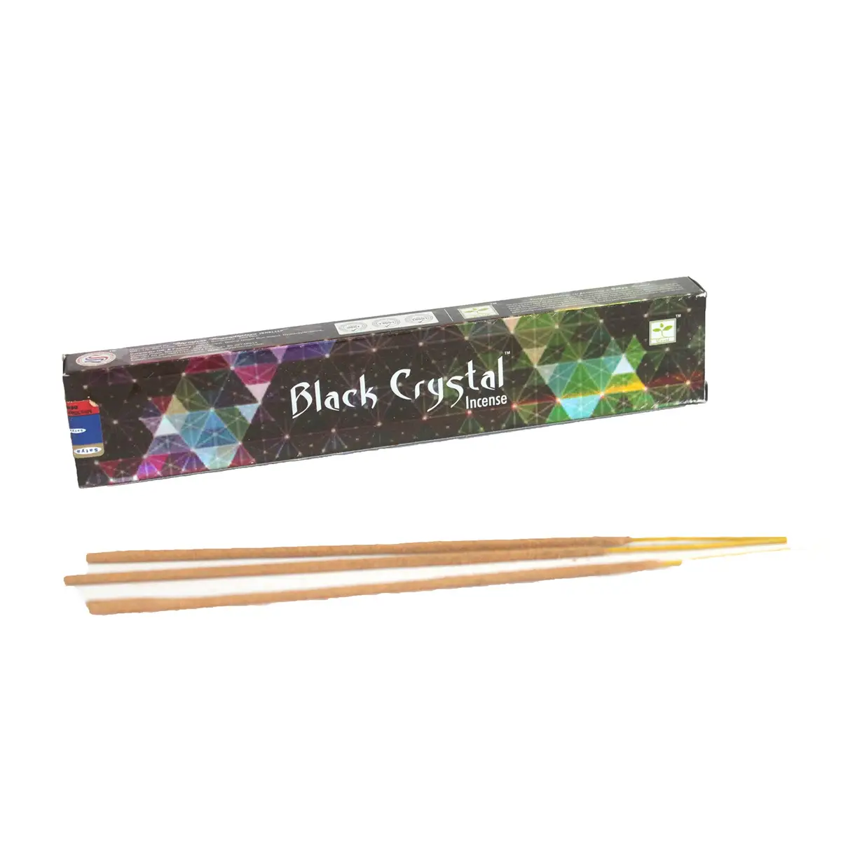 Förpackning och tre Satya Black Crystal rökelsepinnar
