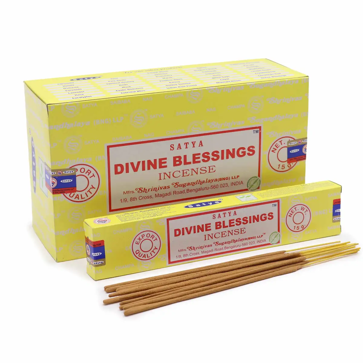Förpackning och rökelsepinnar Satya Divine Blessing i gul kartong
