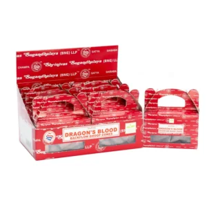 Förpackning med Satya Dragon's Blood backflow dhoop-koner i rött paket
