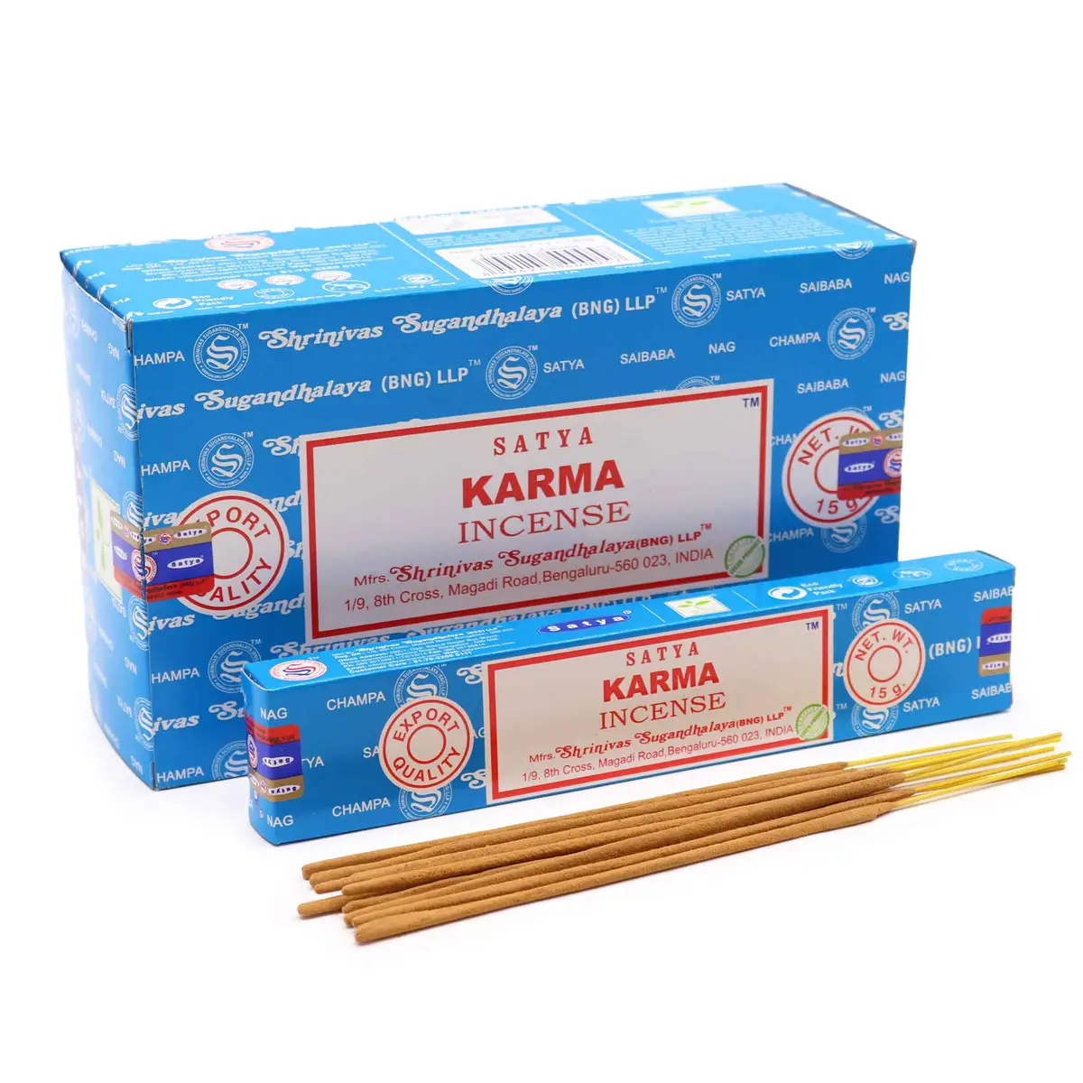 Satya Karma rökelsepinnar i blå förpackning med pinnar framför