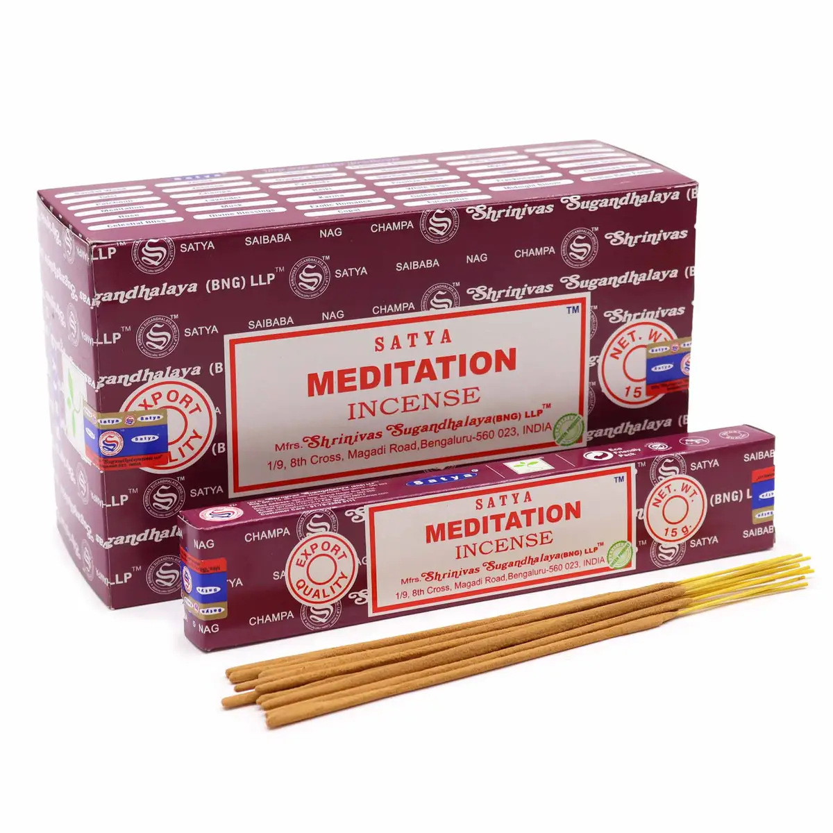 Förpackning med Satya Meditation rökelsepinnar och några lösa pinnar framför