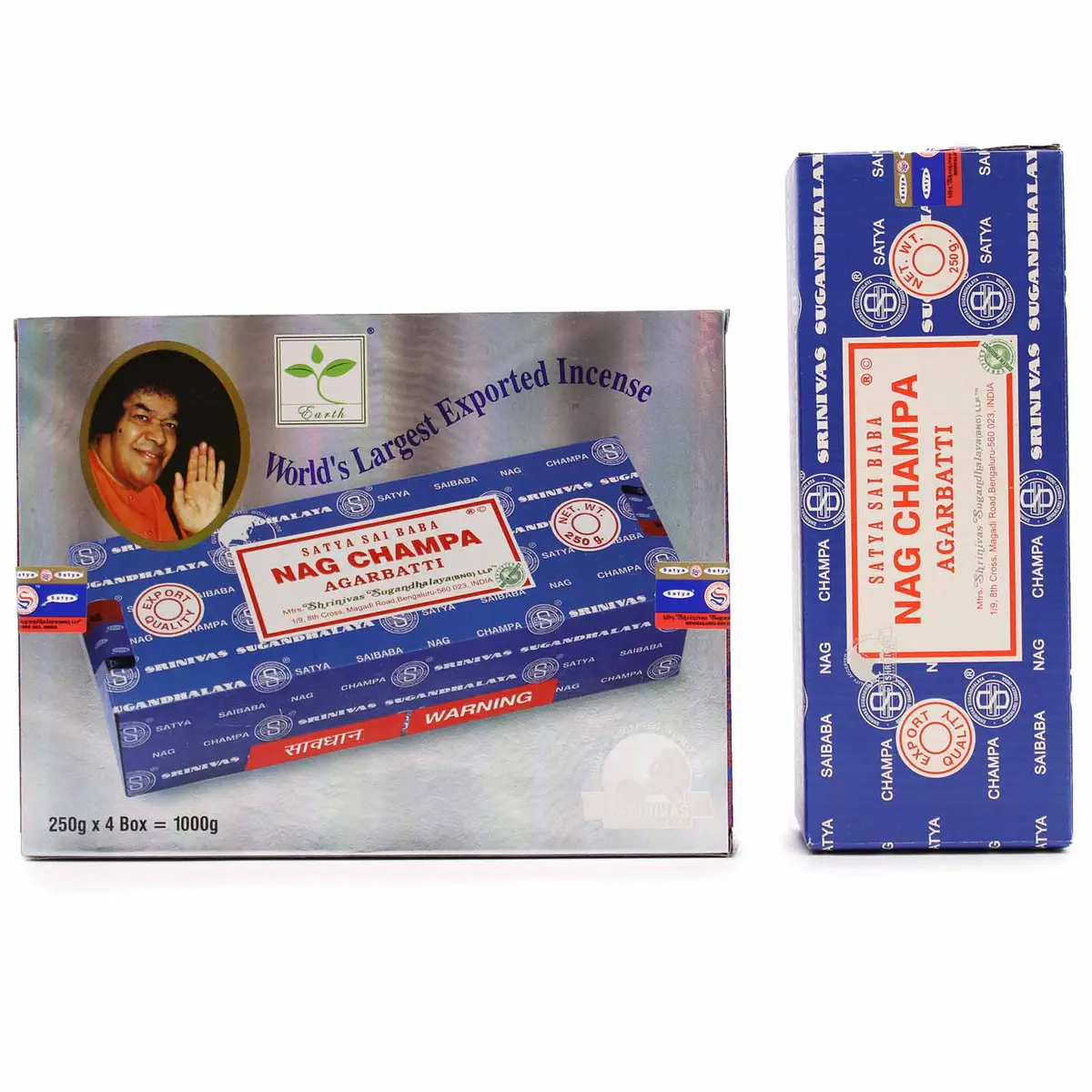 Förpackning med Satya Nag Champa rökelsepinnar i blått omslag