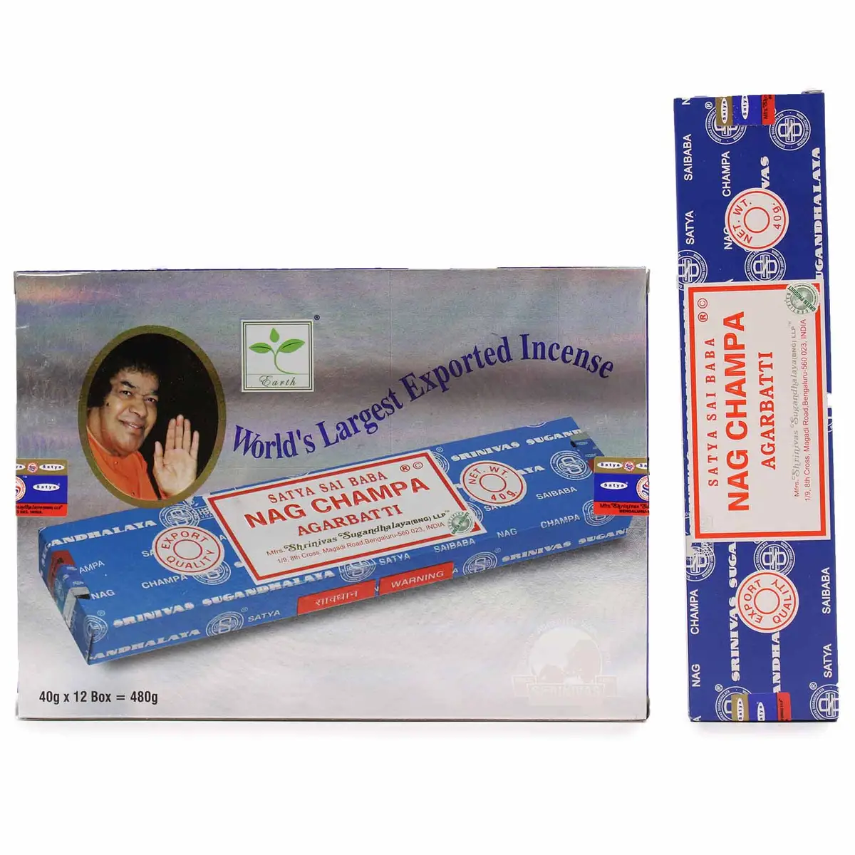 Förpackning med Satya Nag Champa rökelsepinnar i blått omslag
