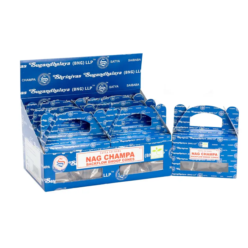 Förpackning med Satya Nagchampa backflow doop-koner i blå kartong