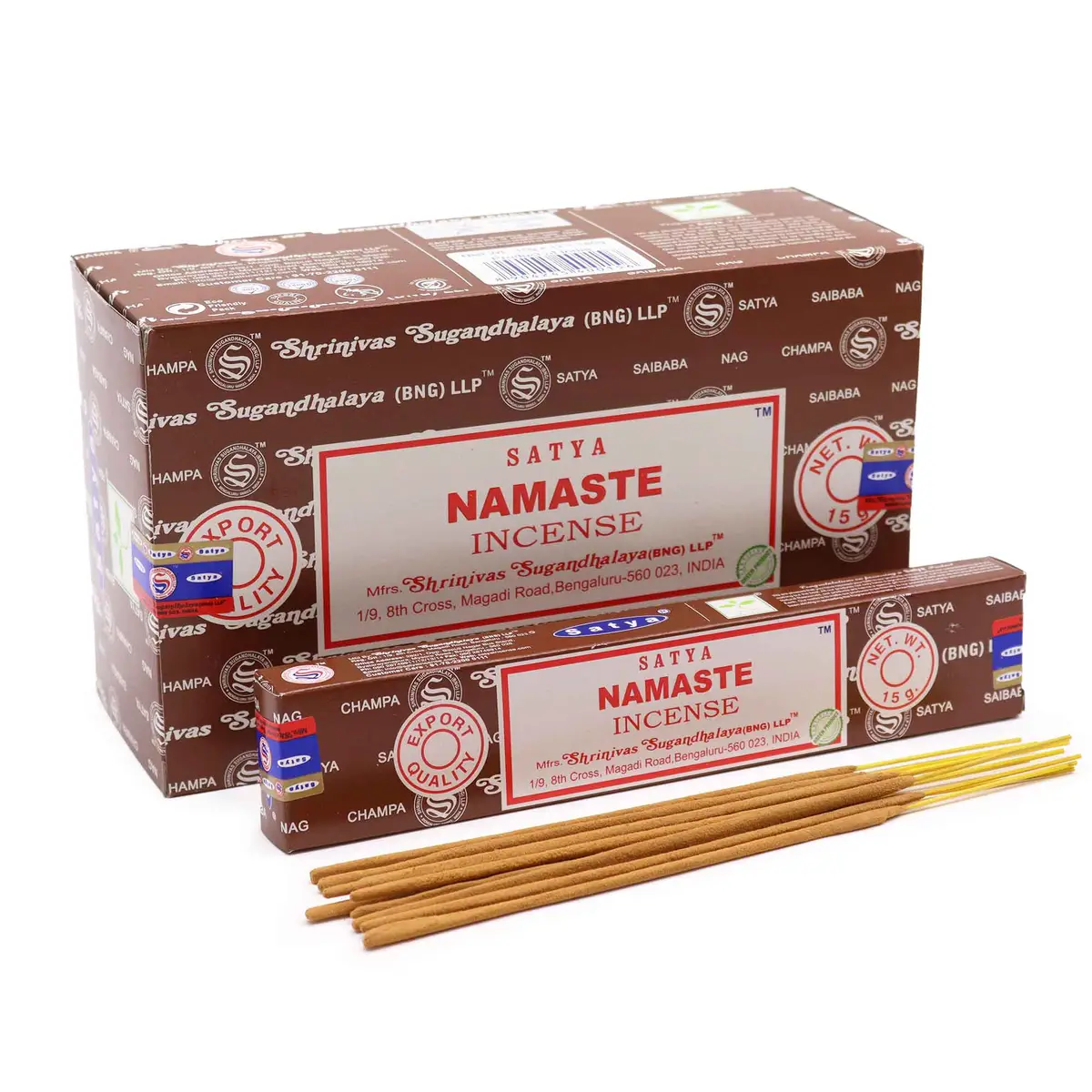 Förpackning och rökelsepinnar Satya Namaste med brun design