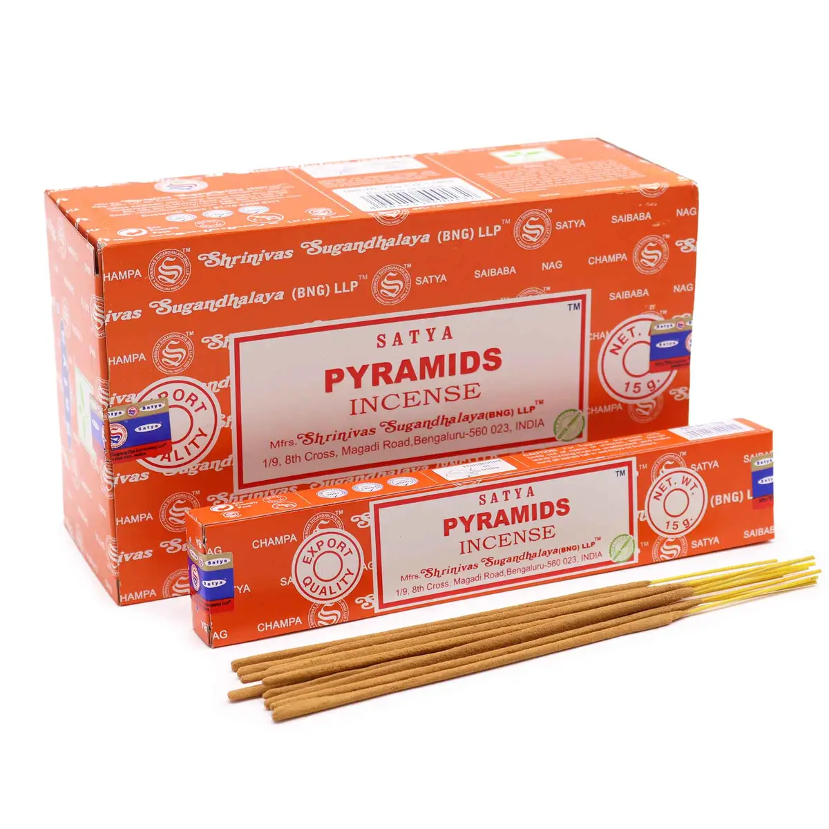 Förpackning och rökelsepinnar Satya Pyramid i orange kartong
