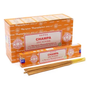 Förpackning och rökelsepinnar Satya Champa med orange design
