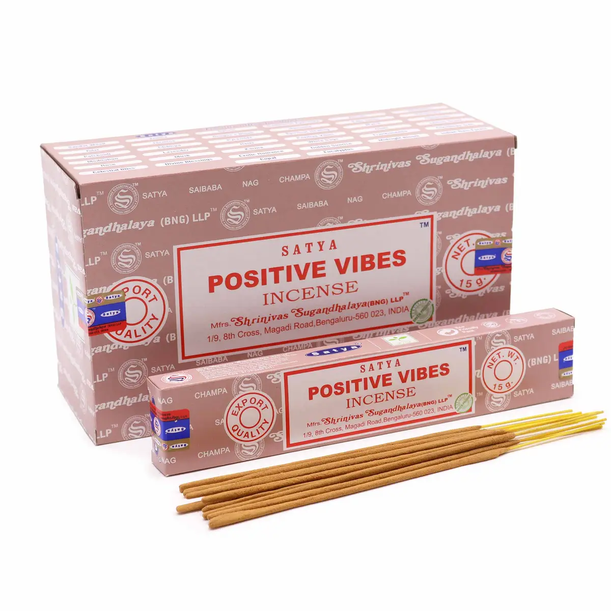 Satya Positive Vibes rökelsepinnar med förpackning och lösa pinnar