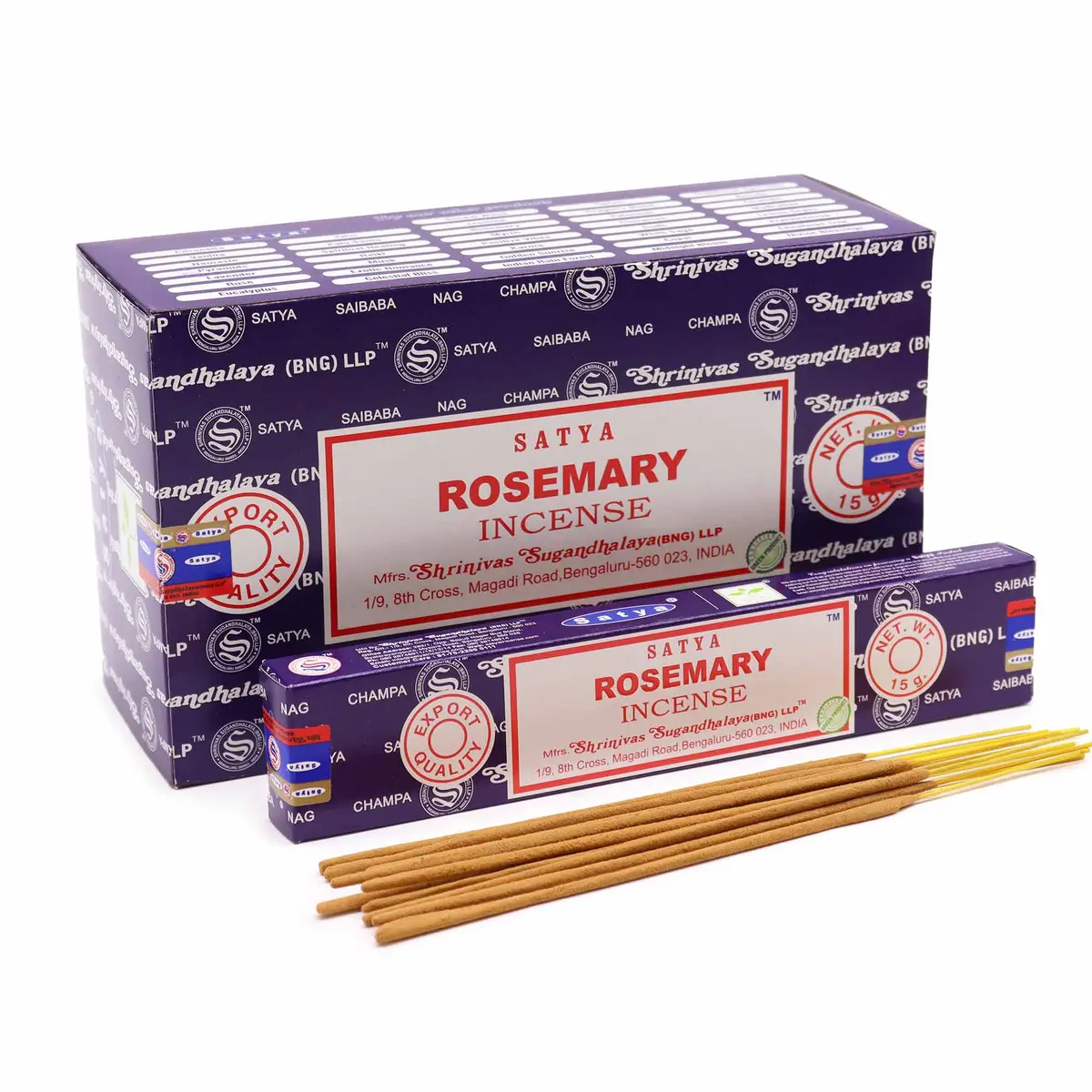 Förpackning med Satya rökelsepinnar med rosmarindoft och lösa rökelsepinnar framför