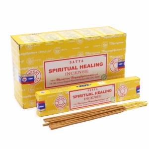 Förpackning och rökelsepinnar Satya Spiritual Healing i gul förpackning