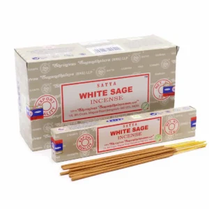 Förpackning och rökelsepinnar Satya White Sage med vit salvia