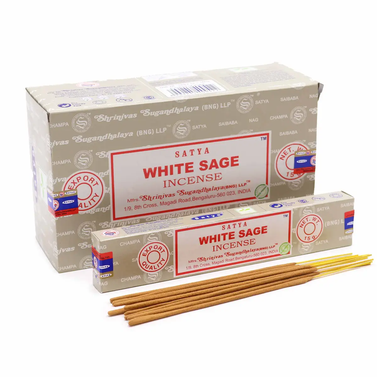 Förpackning och rökelsepinnar Satya White Sage med vit salvia