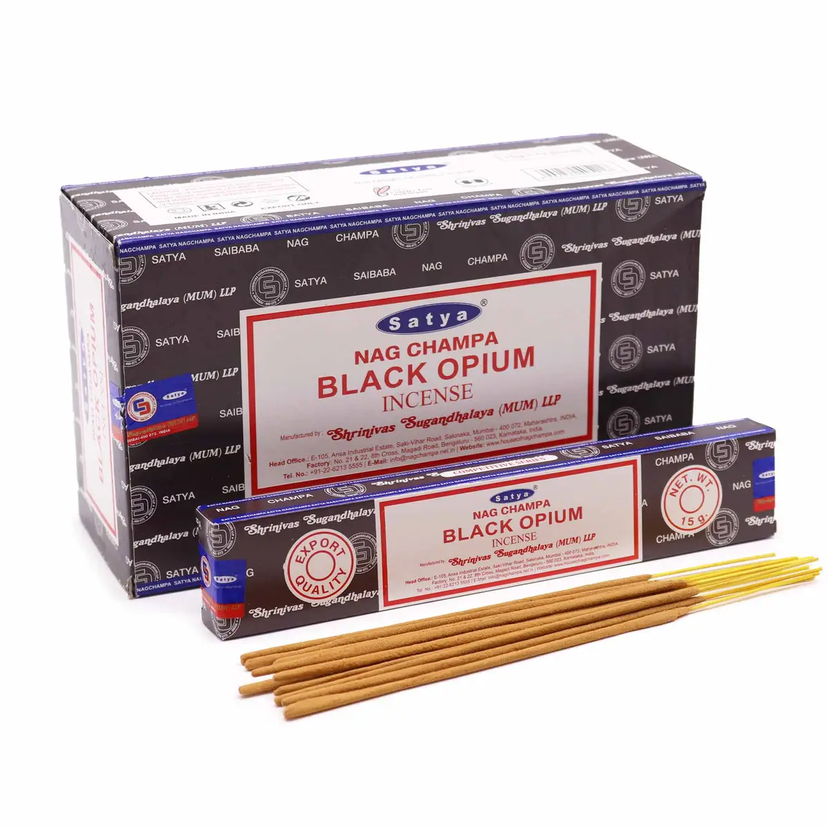 Förpackning och rökelsepinnar Satya Black Opium