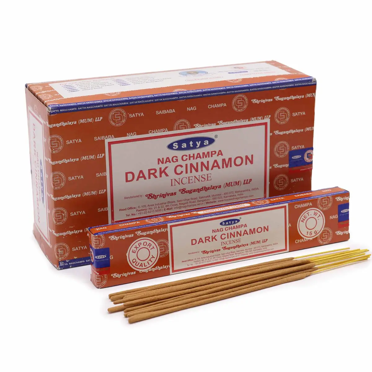 Förpackning och rökelsepinnar Satya Dark Cinnamon