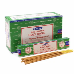Grön förpackning med Satya Nag Champa Holy Basil rökelsepinnar och lösa pinnar framför
