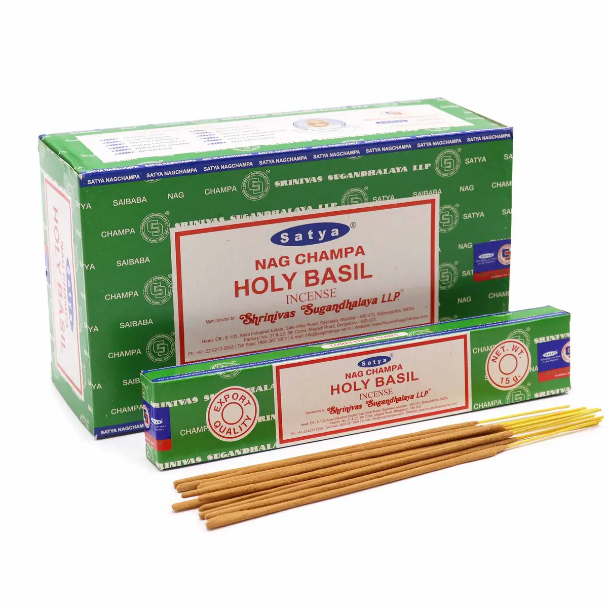 Grön förpackning med Satya Nag Champa Holy Basil rökelsepinnar och lösa pinnar framför