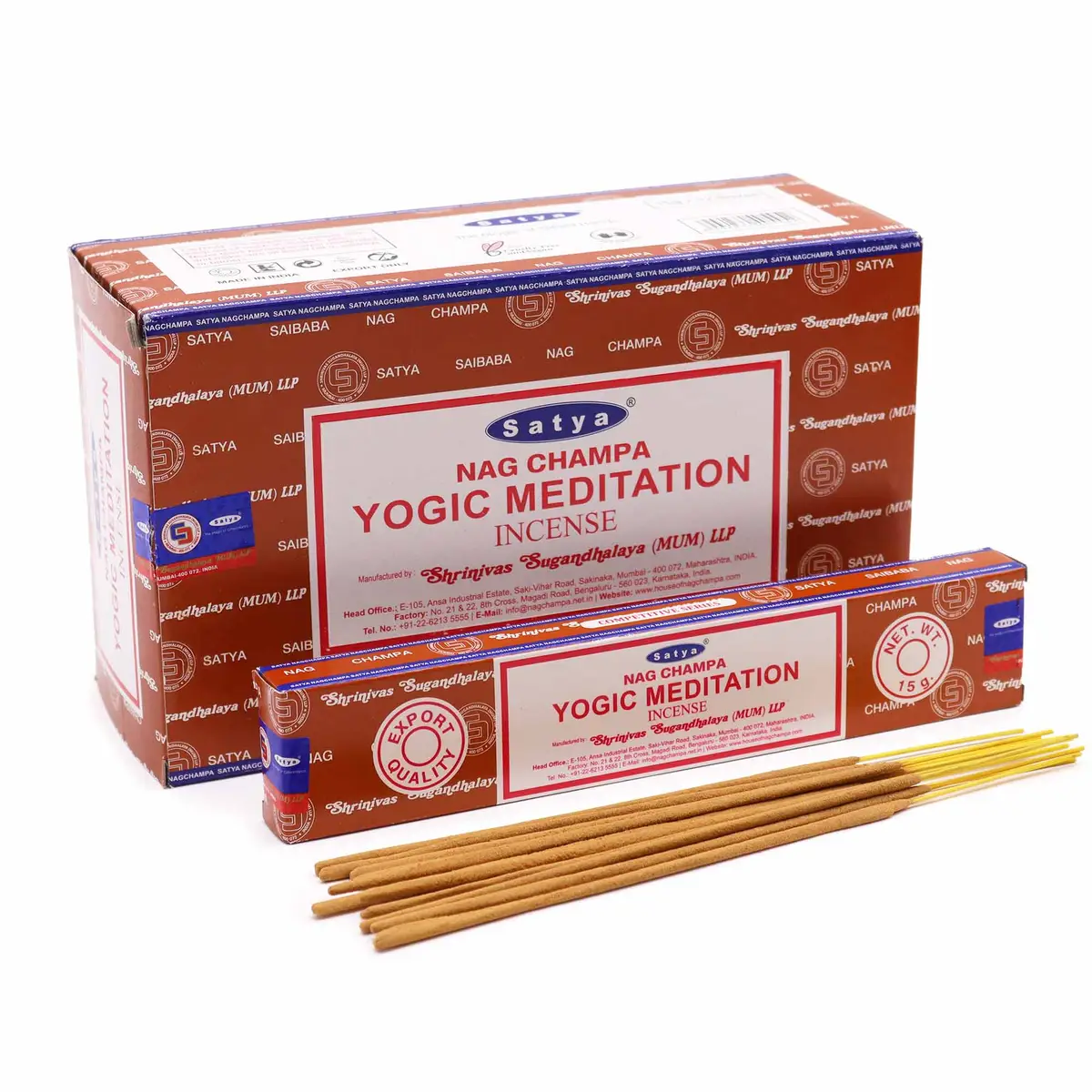Förpackning med Satya rökelsepinnar Yogic Meditation och lösa rökelsepinnar framför