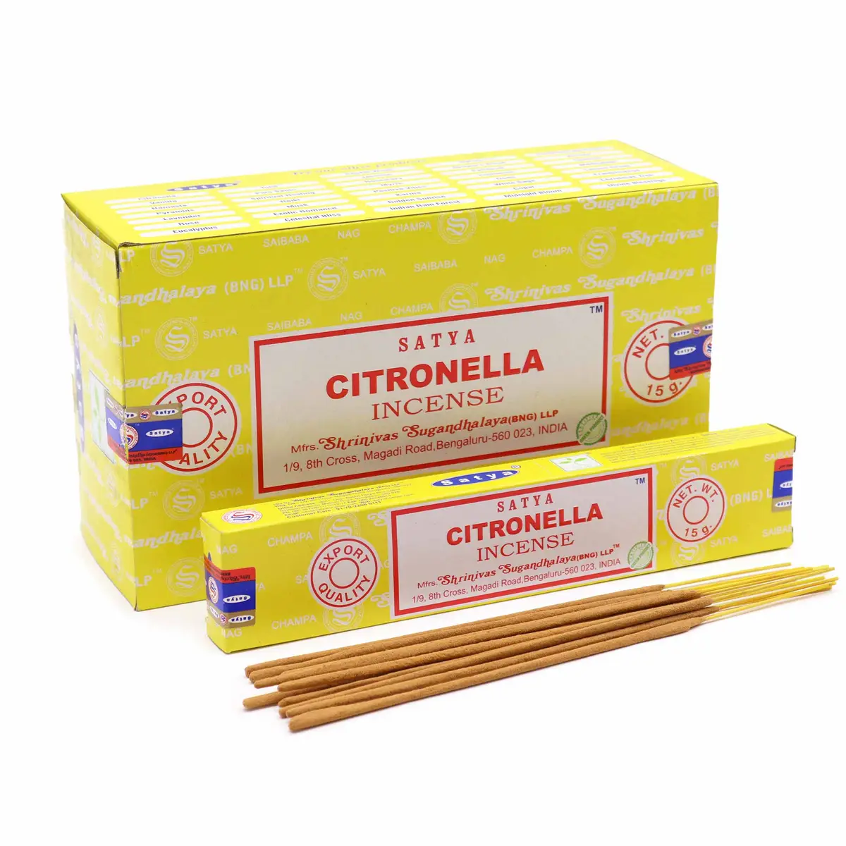 Förpackning och rökelsepinnar Satya Citronella med gul design
