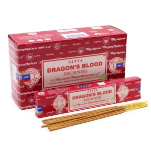 Förpackning och rökelsepinnar Satya Dragon Blood med röd design