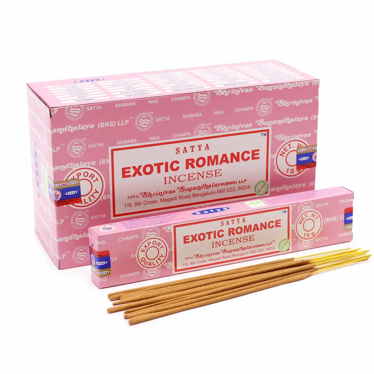 Förpackning och rökelsepinnar Satya Exotic Romance i rosa kartong