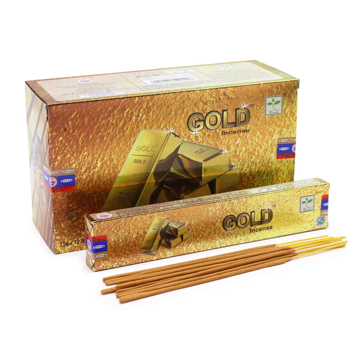 Förpackning med Satya Gold rökelsepinnar och några lösa pinnar framför