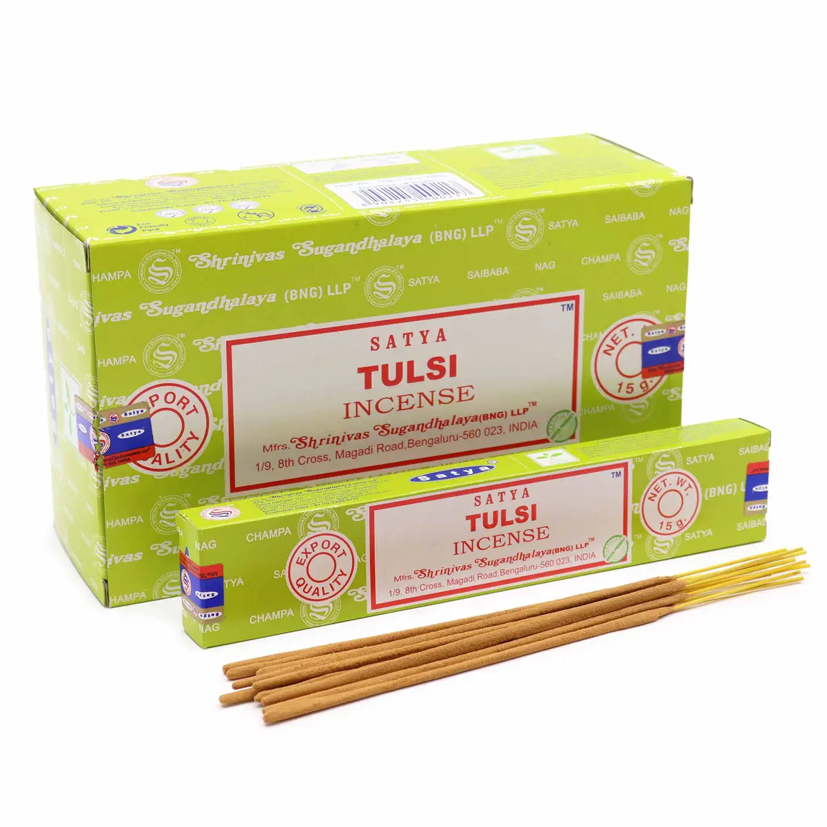 Förpackning och rökelsepinnar Satya Tulsi med grön och vit design