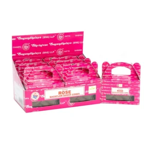 Förpackning med Satya Rose Backflow Dhoop-kon i rosa kartonger