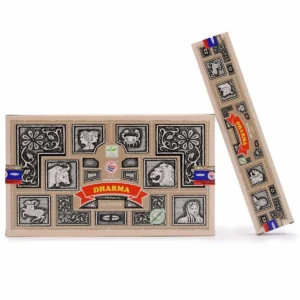 Förpackning med Satya Super Hit Dharma handrullade rökelsepinnar med dekorativa svartvita illustrationer