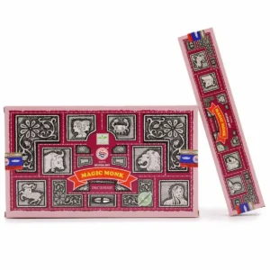 Förpackning med Satya Super Hit Magic Monk rökelsepinnar i rött och svart mönster