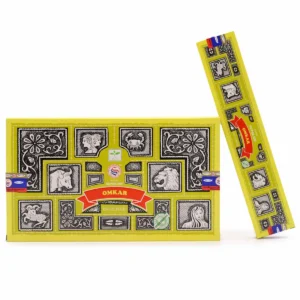 Förpackning och rökelsepinnar Satya Super Hit Omkar med gul design och svartvita illustrationer