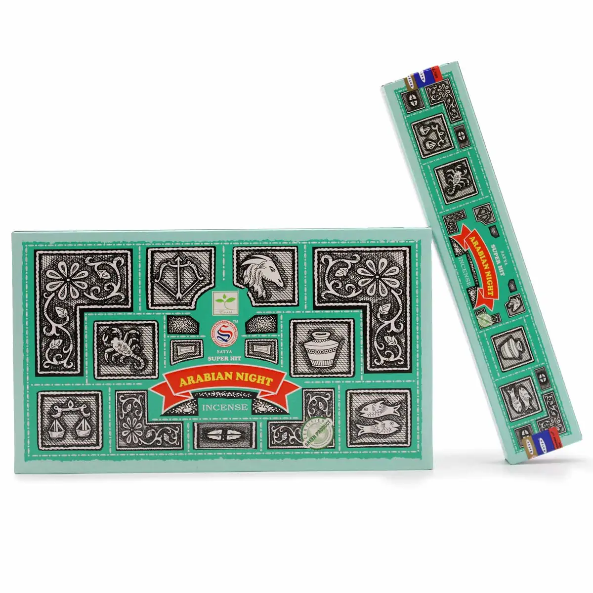 Förpackning med Satya Super Hit Arabian Night rökelsepinnar i turkos och svart design