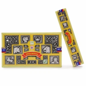 Förpackning med Satya Super Hit Yoga Ritual rökelsepinnar i gul design med svartvita illustrationer